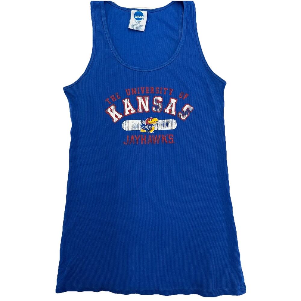 NCAA Kansas Jayhawks Ribbed Tank Top Womens Large Blue Distressed Y2K GUC